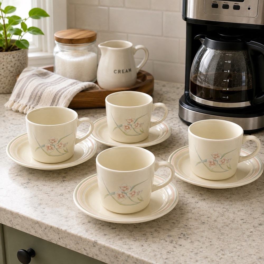 Corelle By Corning Veranda Pink Floral Cups & Saucers Set Of 4 Coquette Vintage